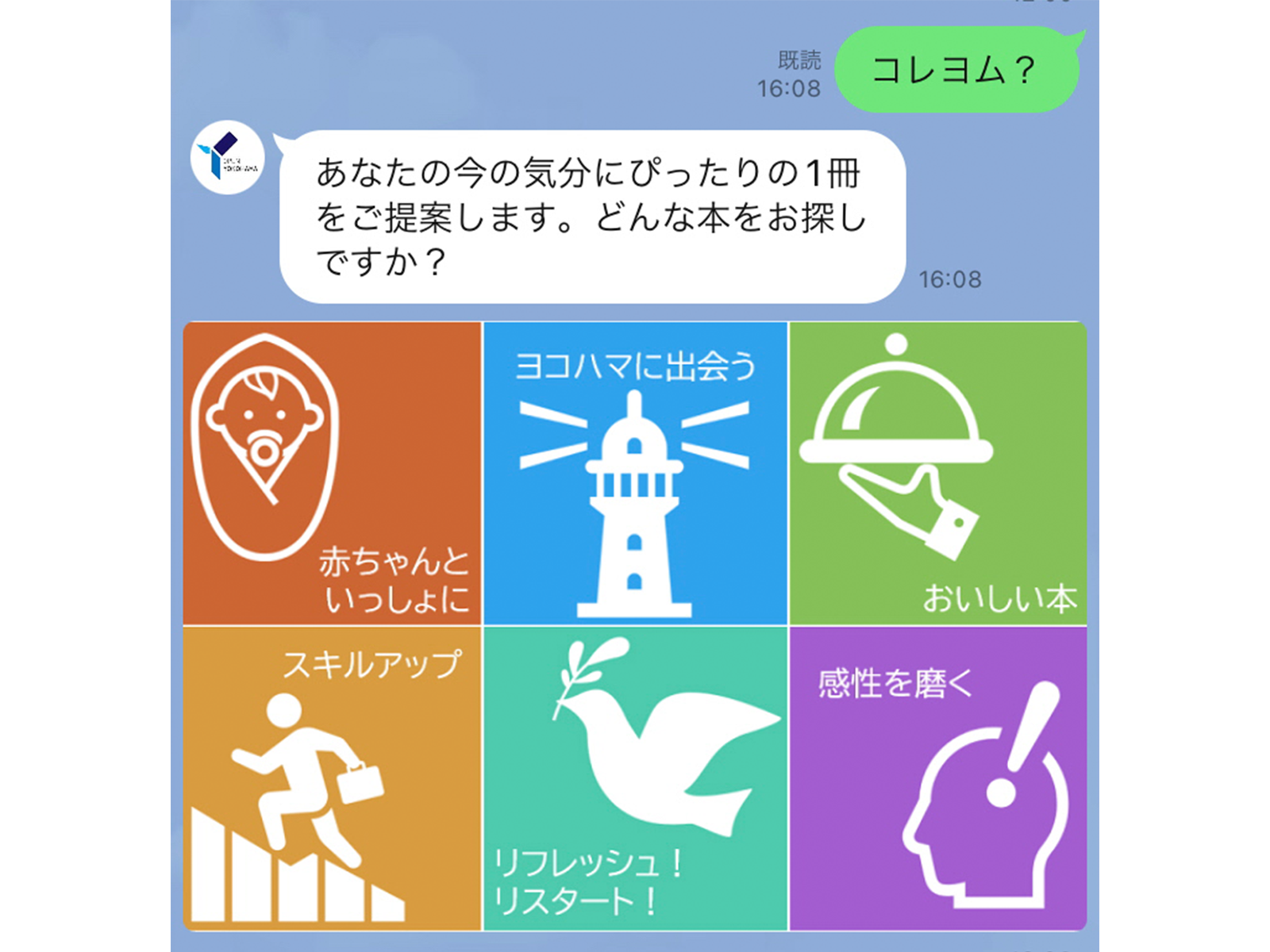 6つのテーマから気分に合わせて本をおすすめしてくれる、「コレヨム?」のテーマ選択画面